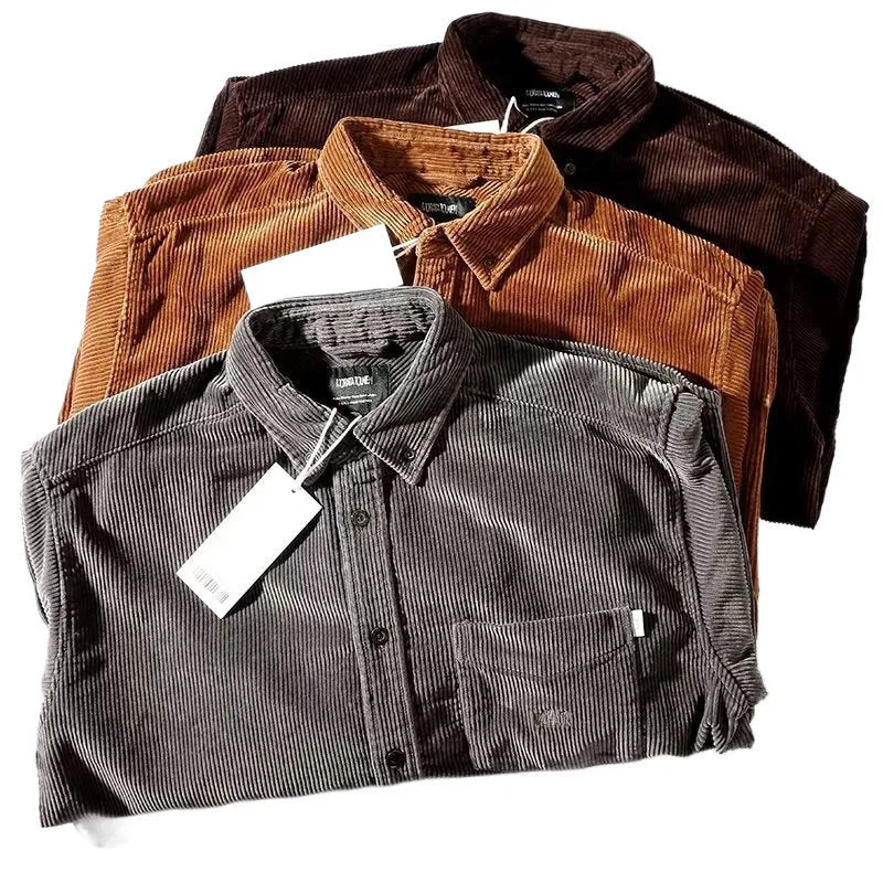 Loose fit caramel corduroy long sleeve shirt with a cardigan style on a hanger.