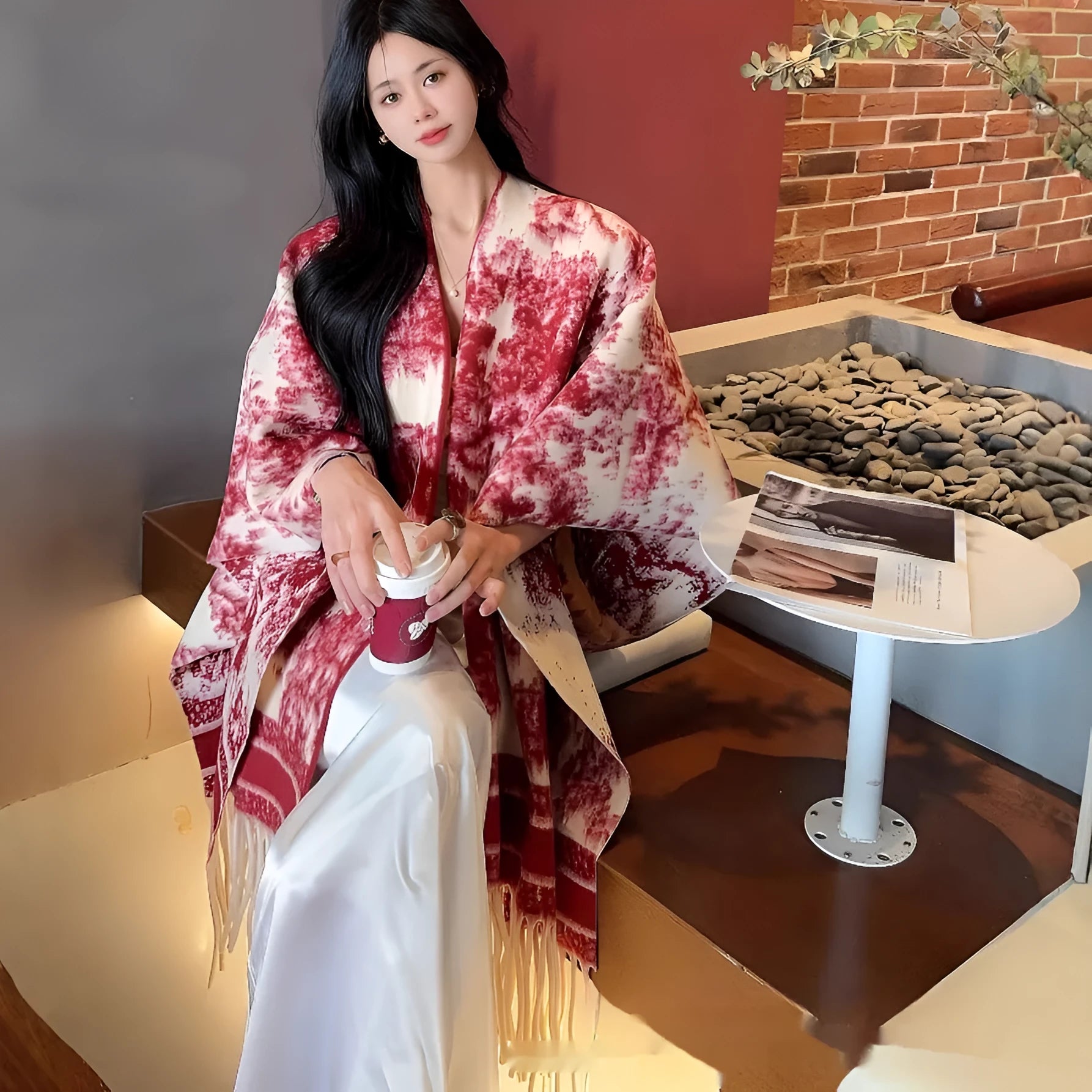 Women's casual polyester scarf cape in a shawl style, shown in one of five available colours.
