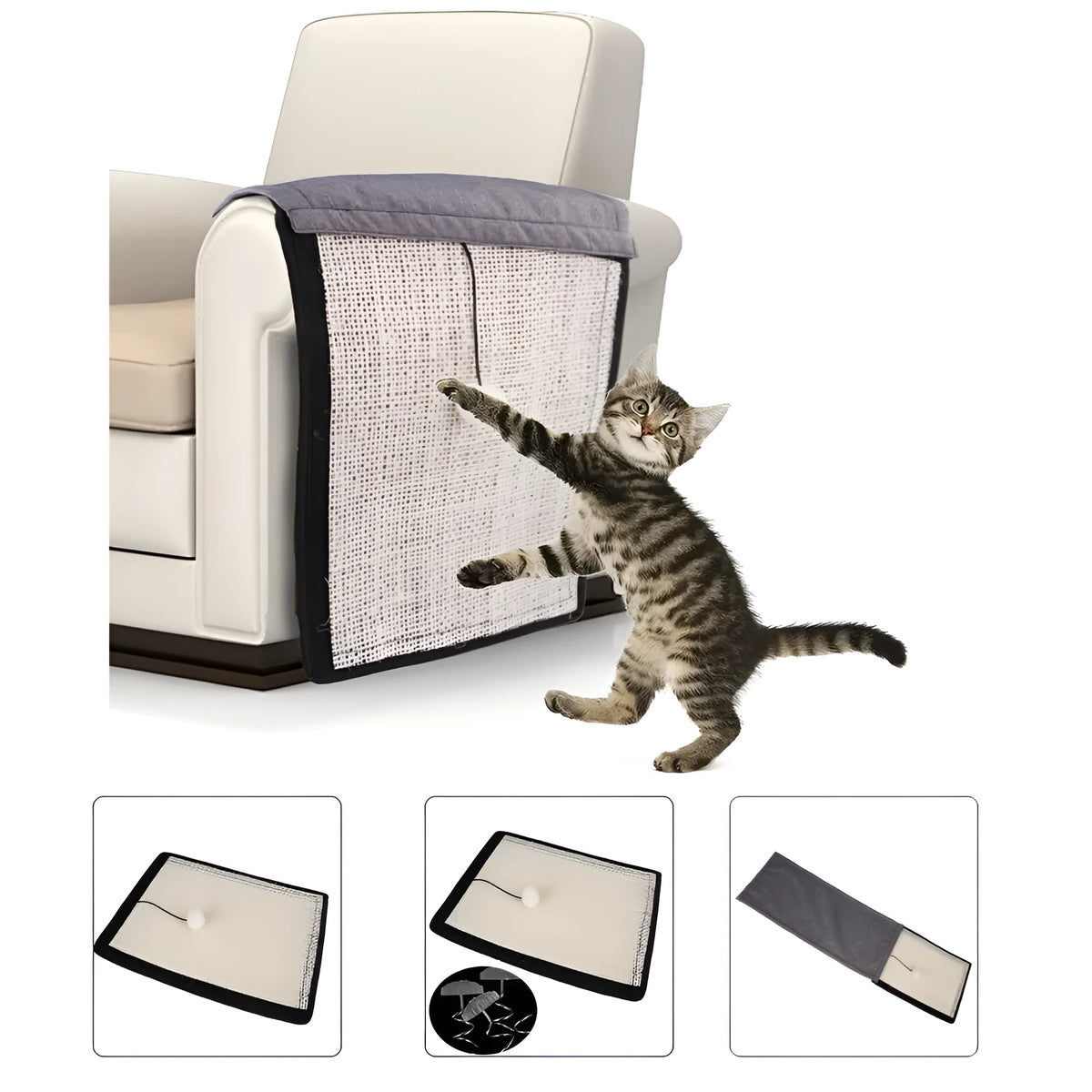 Beige sisal and cotton linen cat scratch board mat for sofa protection, 40 x 29 cm