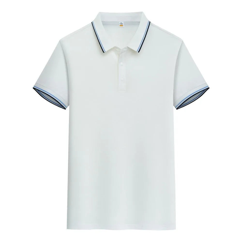 Man wearing a pure cotton short sleeve polo shirt with a lapel collar in a light blue colour.