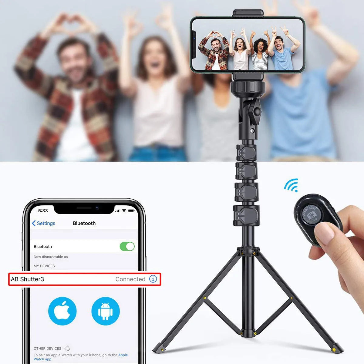 Black aluminium selfie stick tripod extended next to an iPhone, showing its five-section telescopic design.