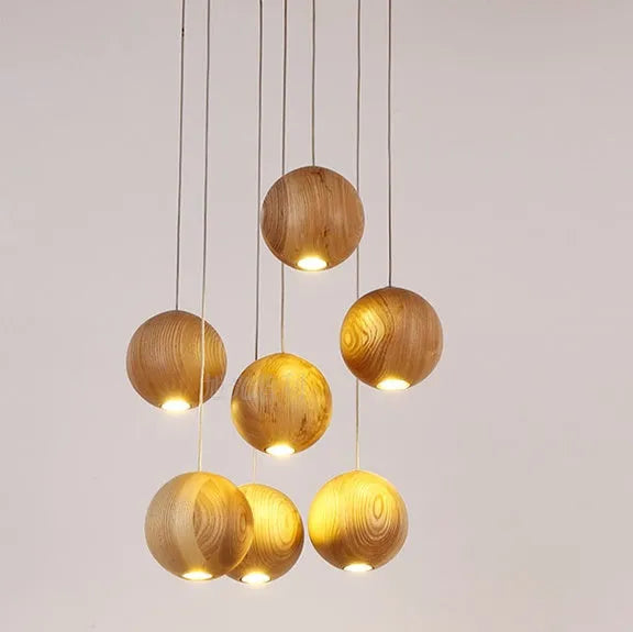 Nordic style solid wood ball chandelier with wooden shade, shown in a one-head configuration.
