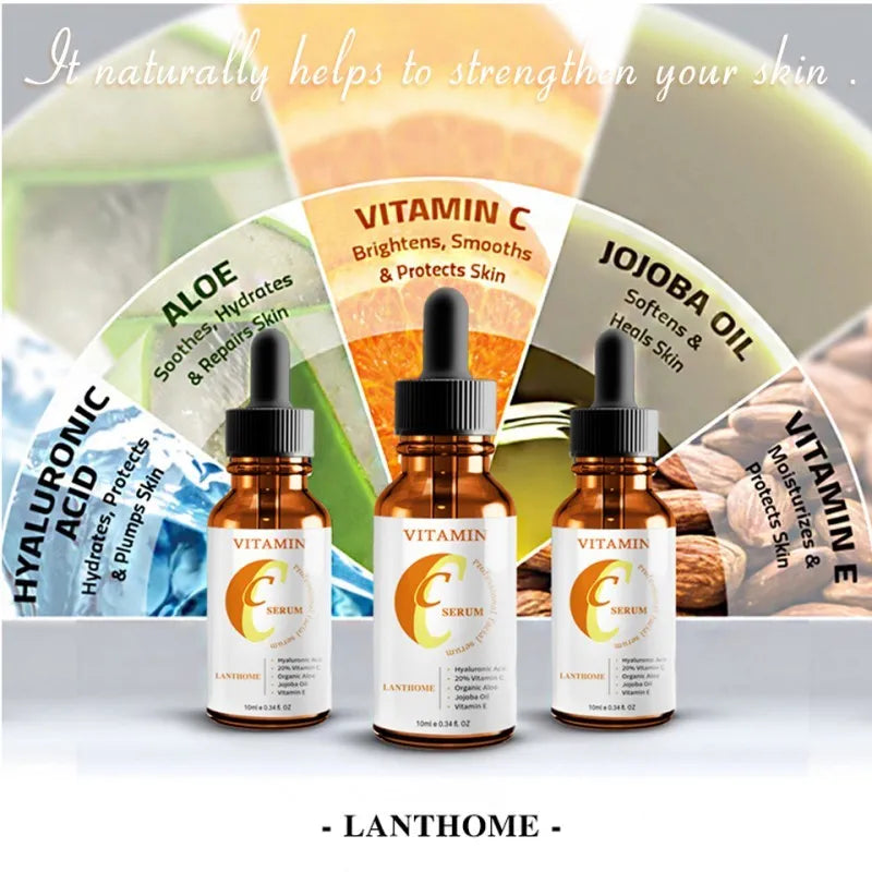 Bottle of Vitamin C and hyaluronic acid facial serum for skin brightening and anti-aging.