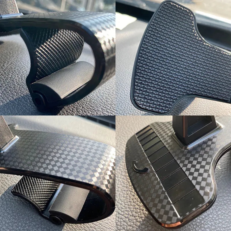 Black adjustable car phone holder with 360-degree rotation on vehicle dashboard