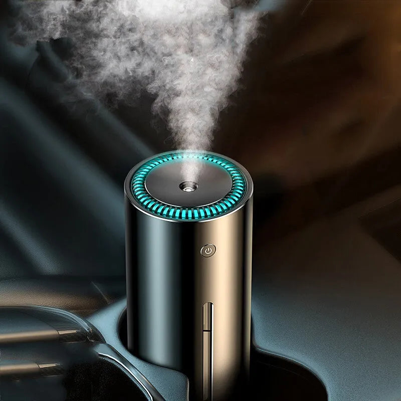Black aluminium alloy car humidifier and air purifier with USB cable on a car dashboard