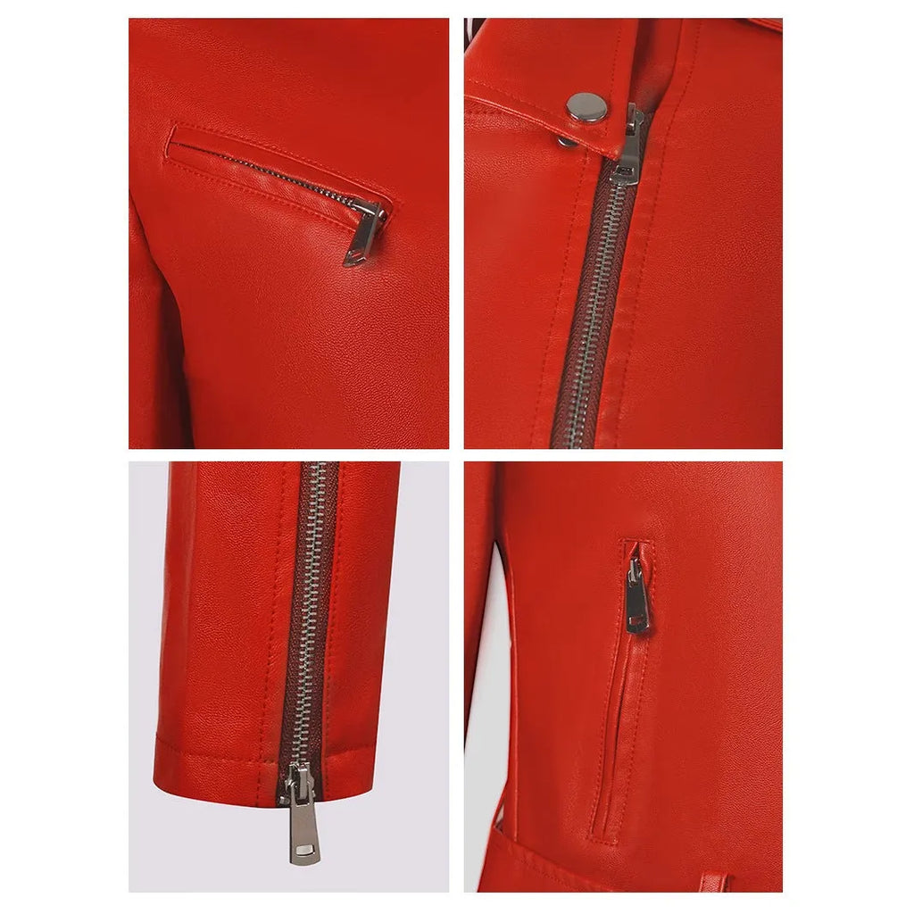 Women's black PU imitation leather motorcycle jacket with an adjustable waist belt, shown front-on.