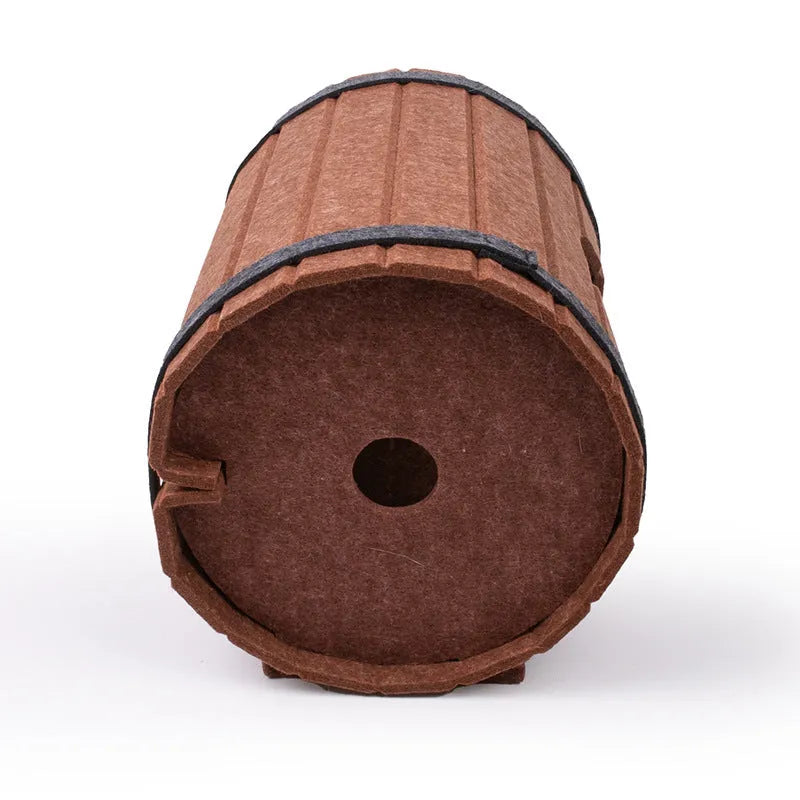Wine barrel shaped cat bed assembled from three felt pieces with polyester fibre filling