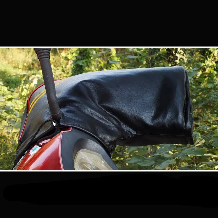 Black leather motorcycle handlebar muffs with widened sleeve mouth for winter scooter and curved beam bike use