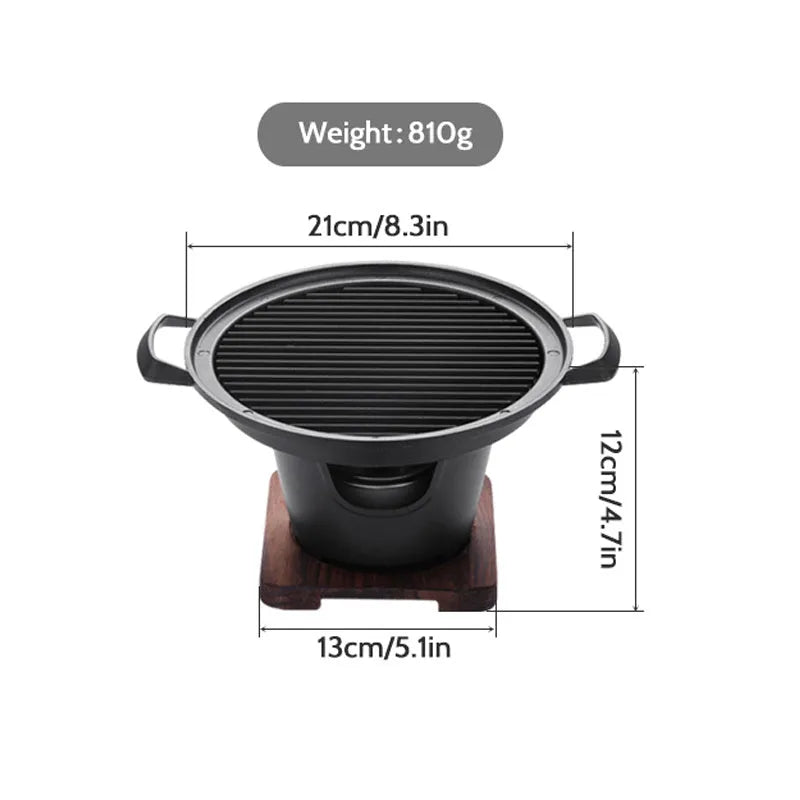 Mini BBQ grill alcohol stove double heads black 18x18x2cm on table with anti-stick plate