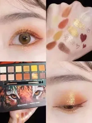 Explorer animal theme eyeshadow palette showing twelve colours across nine named plates.