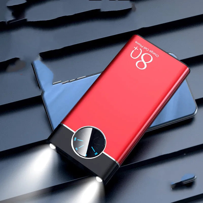 Slim black 20000mAh portable power bank with alloy shell and LED flashlight