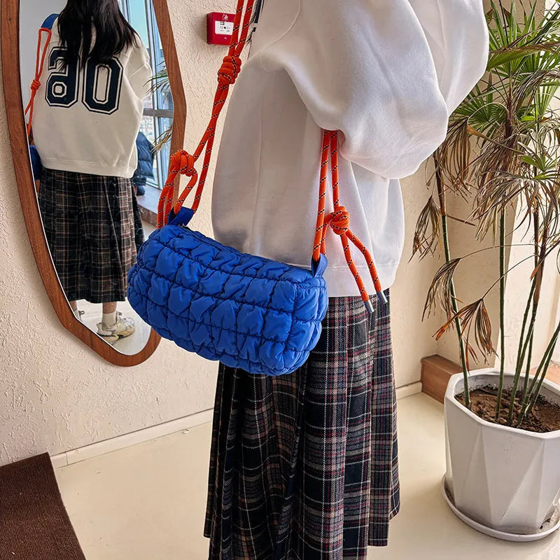 Women's lightweight nylon messenger bag in pillow shape with rhombus pattern and adjustable strap