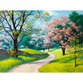 Paint by numbers kit showing 40x50cm linen canvas with landscape design, acrylic paints, and optional wooden frame