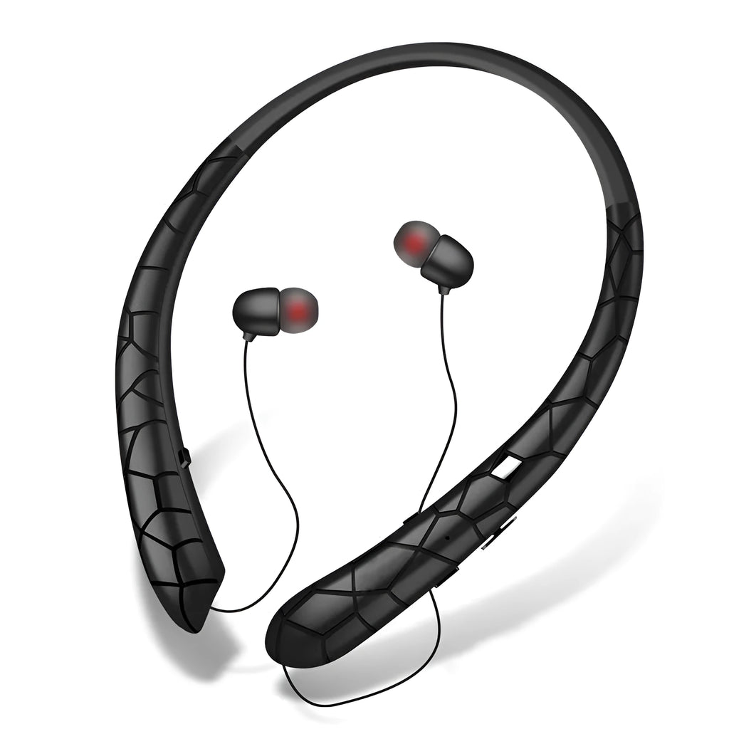 Bluetooth neckband headphones in black with retractable wires, 10mm driver, and CVC6.0 noise cancellation for sports