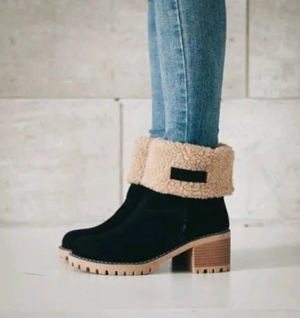 Women's chunky heel mid-calf suede snow boots in green, shown on a foot.