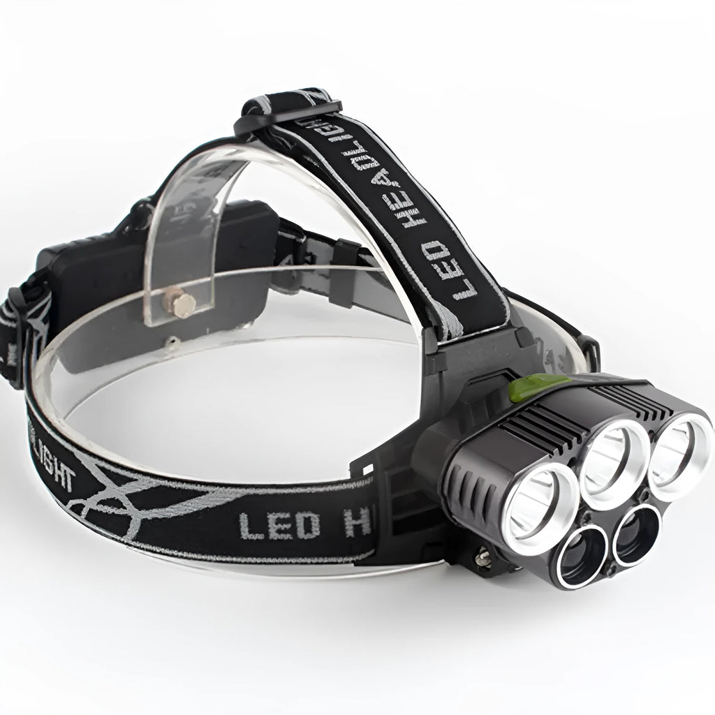 Head-mounted LED camping headlamp with long-range beam for outdoor use