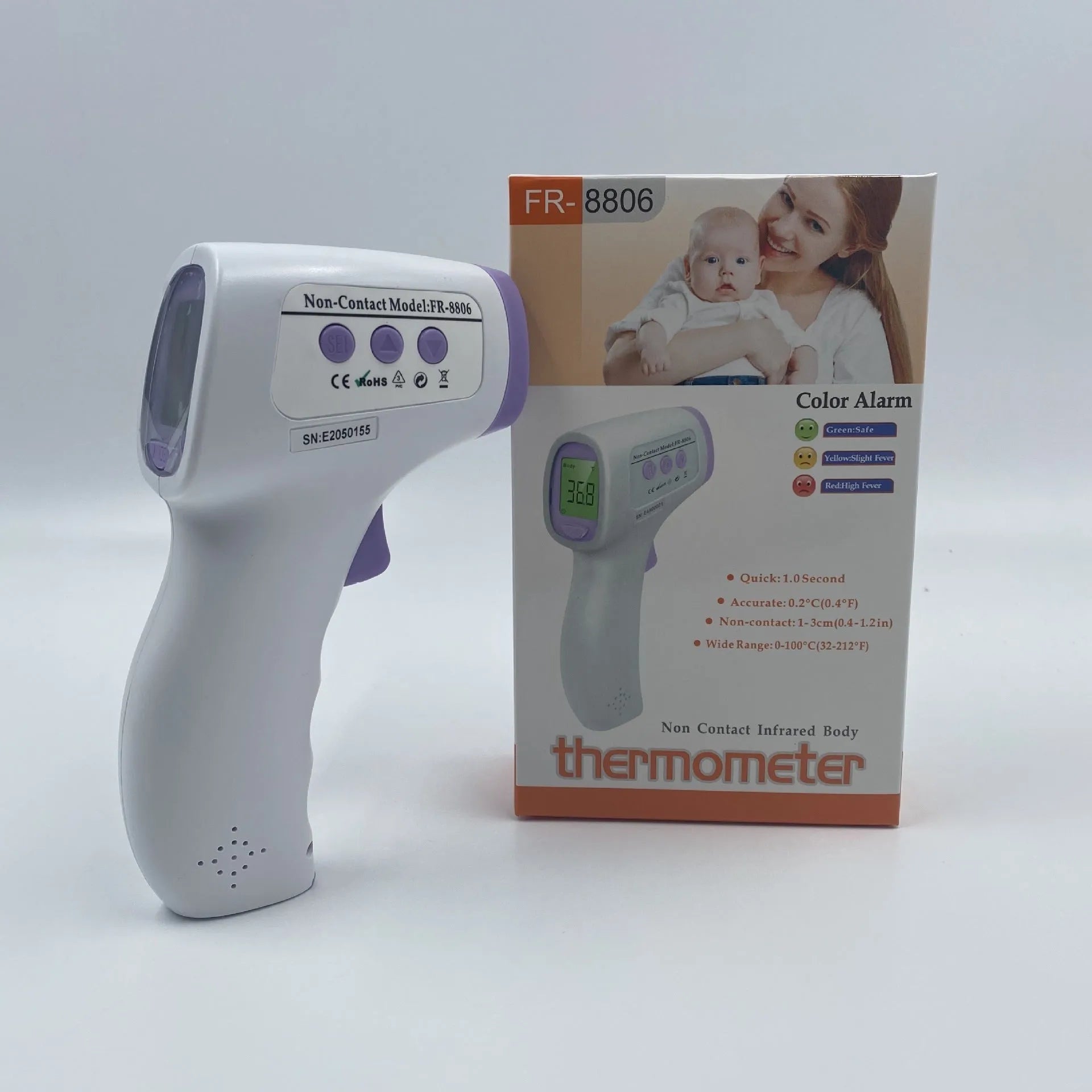 White digital infrared thermometer for non-contact forehead temperature measurement with backlit LCD display