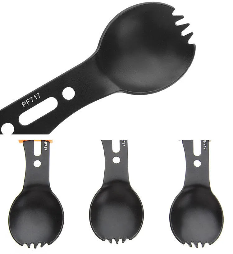 Outdoor spoon fork knife set with whistle camping tool 15.7cm stainless steel black silver