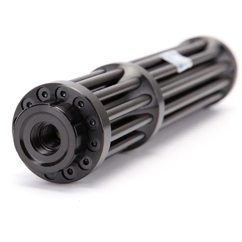 Black anodised aluminium laser torch with blue laser beam, showing tail switch and 168mm length.