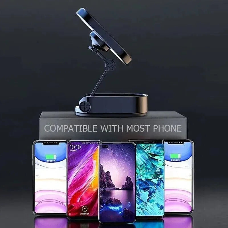 Chrome magnetic car phone holder with foldable bracket and 360-degree swivel on a car dashboard