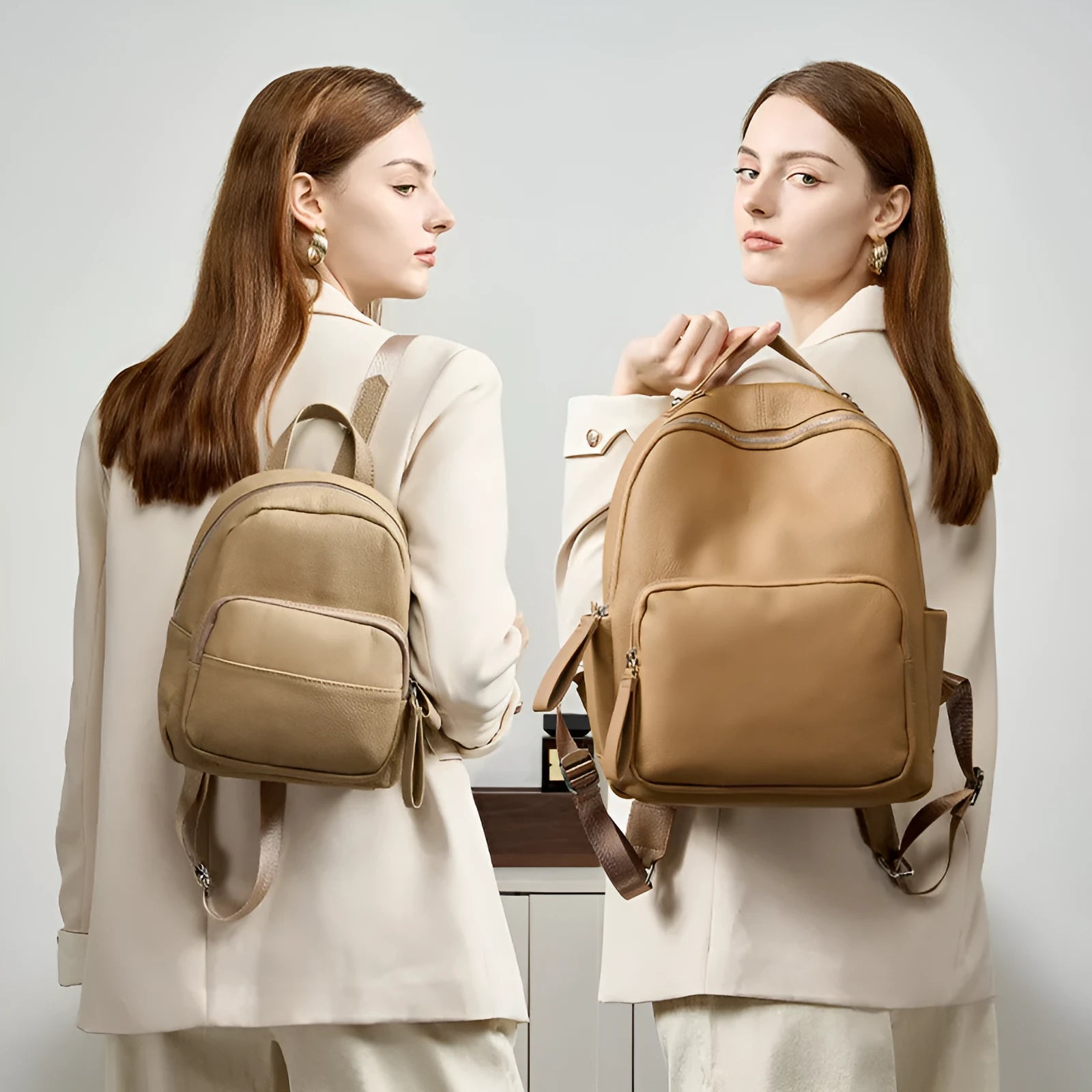 Genuine leather women's backpack showing laptop compartment and multiple colour options including black, brown and grey
