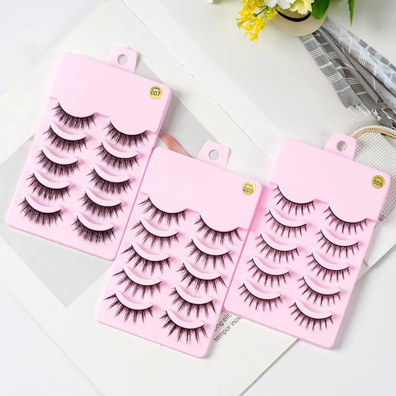 Pack of black manga style false eyelashes with natural wispy length for Korean makeup and cosplay.