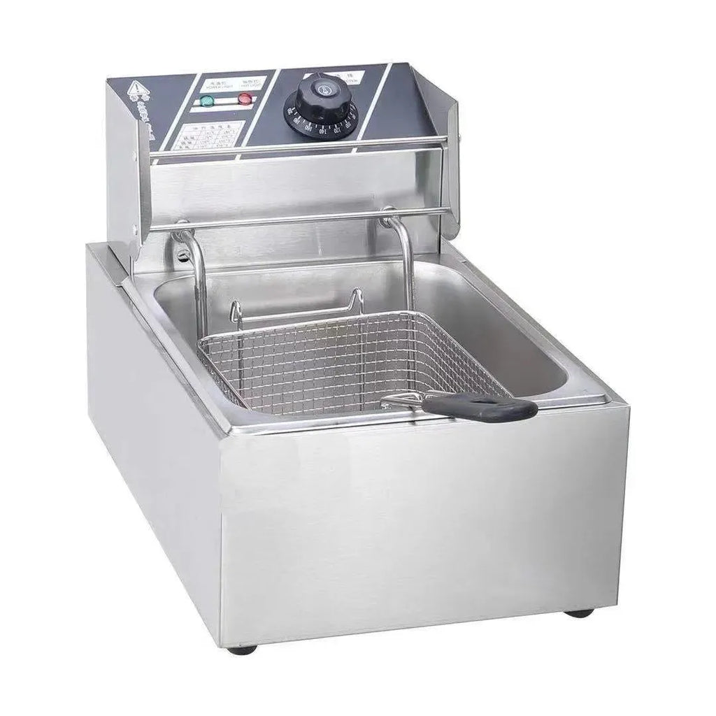 Stainless steel commercial deep fryer with large oil tank, lid, and two wire frying baskets