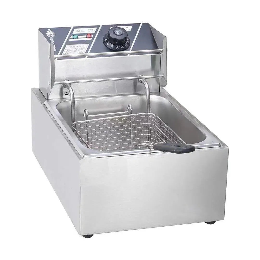 Stainless steel commercial deep fryer with large oil tank, lid, and two wire frying baskets
