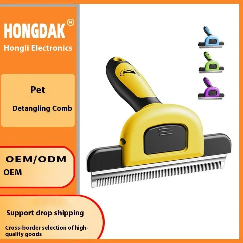 Yellow and blue pet grooming comb with stainless steel teeth and plastic handle for dog hair removal