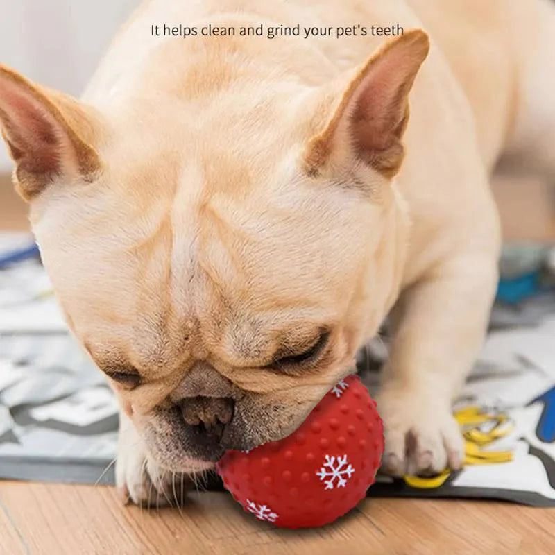 Red and green Christmas dog toy balls with snowflake patterns for small medium dogs