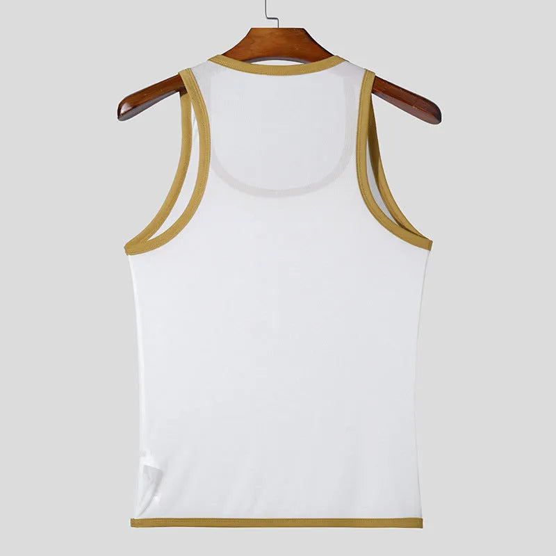 Men's black mesh fitness vest with straight hem design on white background