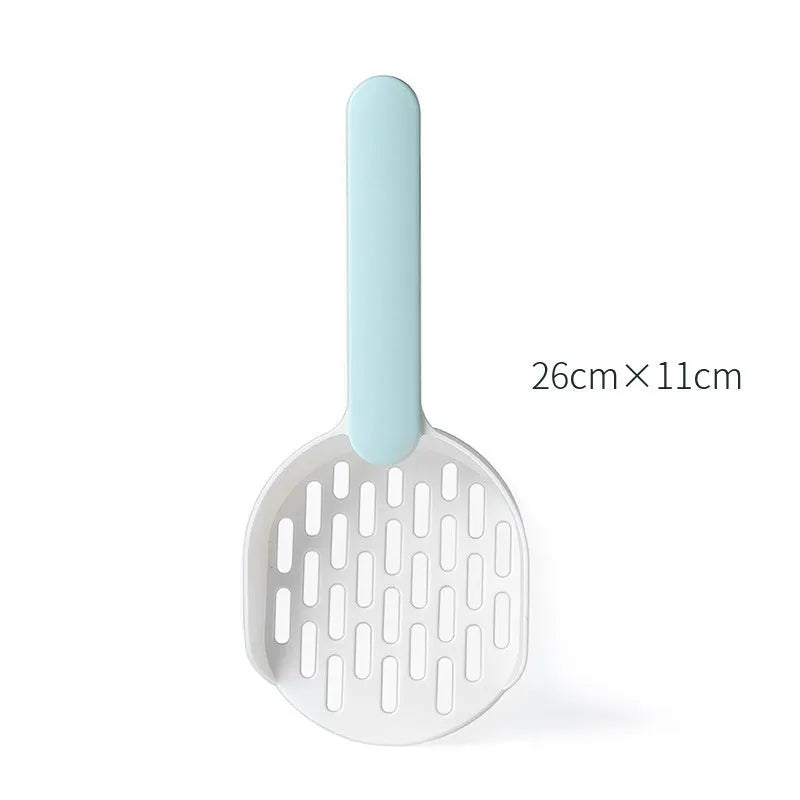 Blue plastic cat litter shovel for cleaning litter boxes measuring 26.6cm long