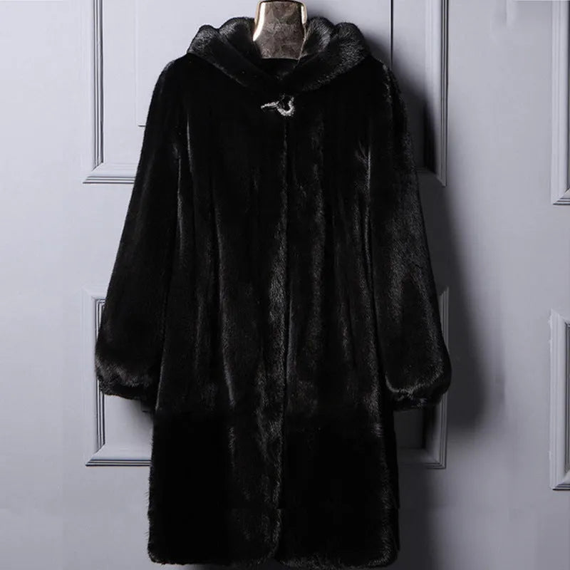 Women's black faux fur hooded casual coat for winter street fashion