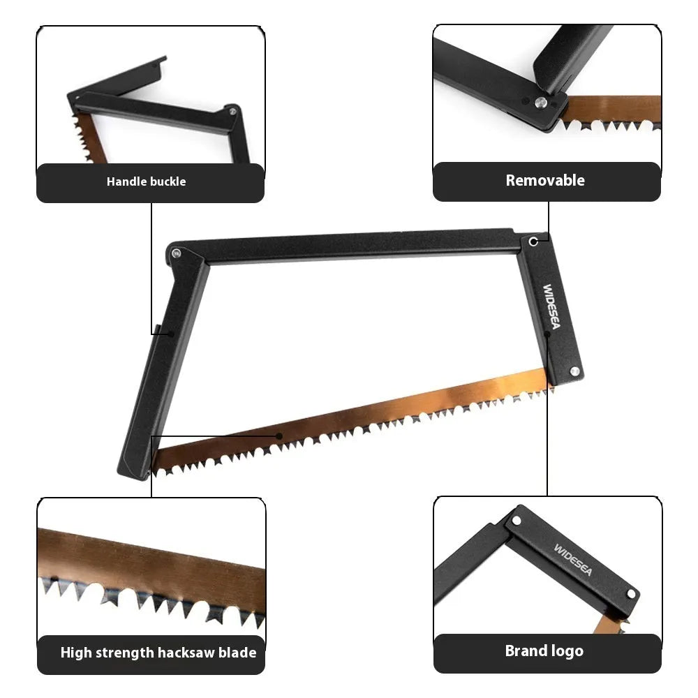 Black foldable outdoor saw with aluminium and nylon handle, blade extended.
