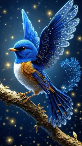 Handmade blue bird rhinestone DIY painting kit showing 60x100cm canvas with internal frame.