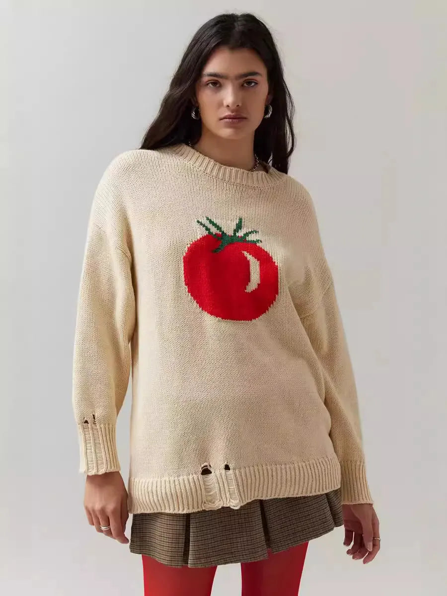 Women's loose-fitting acrylic sweater with round neck, long sleeves, and Jacquard craft in beige.