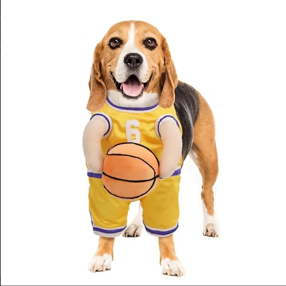 Red dog basketball costume with attached ball prop on small breed dog