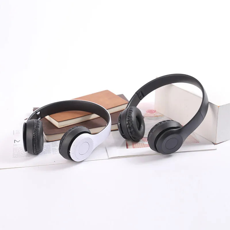 Stereo P47 folding Bluetooth headset in black with over-ear PU ear cups and metal band