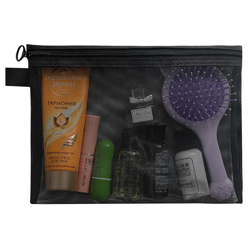 Transparent nylon mesh cosmetics storage bag with zipper in three sizes