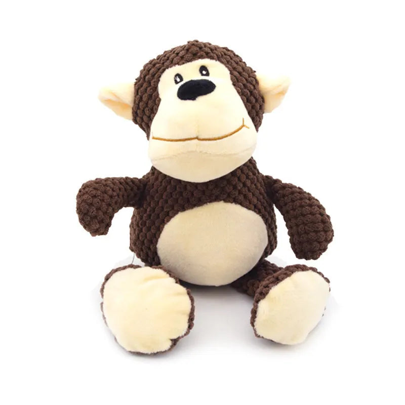 Small plush dog chew toy in animal shape with squeaker for interactive play and teeth cleaning