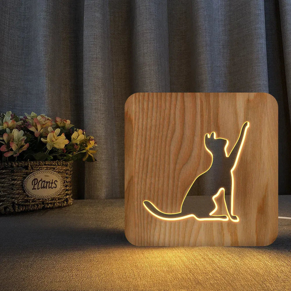 Wooden cat-shaped 3D night light with hollow design and USB power cord