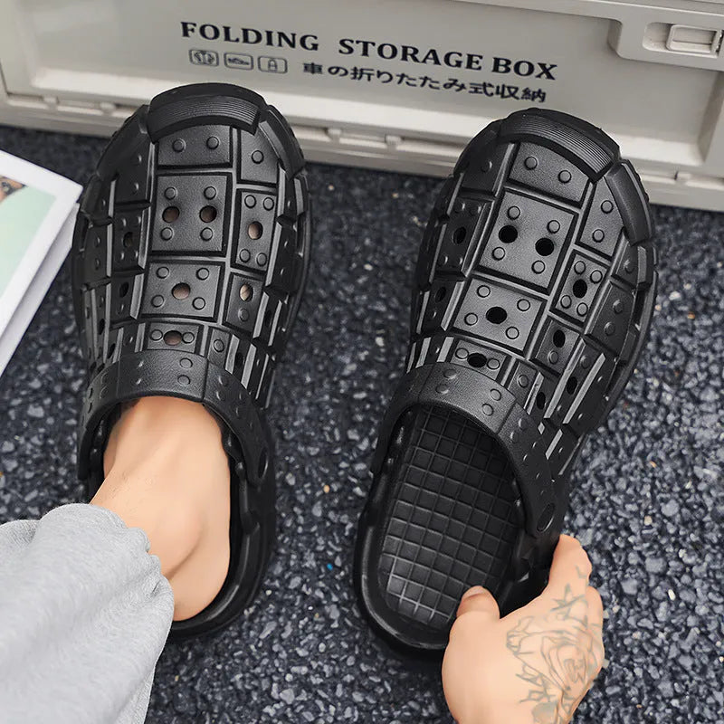 Men's sand-coloured EVA slippers with thick sole and non-slip pattern, shown in toe holder design.