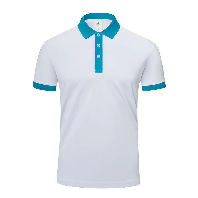 Men's and women's red lapel t-shirt with short sleeves and a V-neck collar on a hanger.