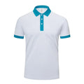 Men's and women's red lapel t-shirt with short sleeves and a V-neck collar on a hanger.