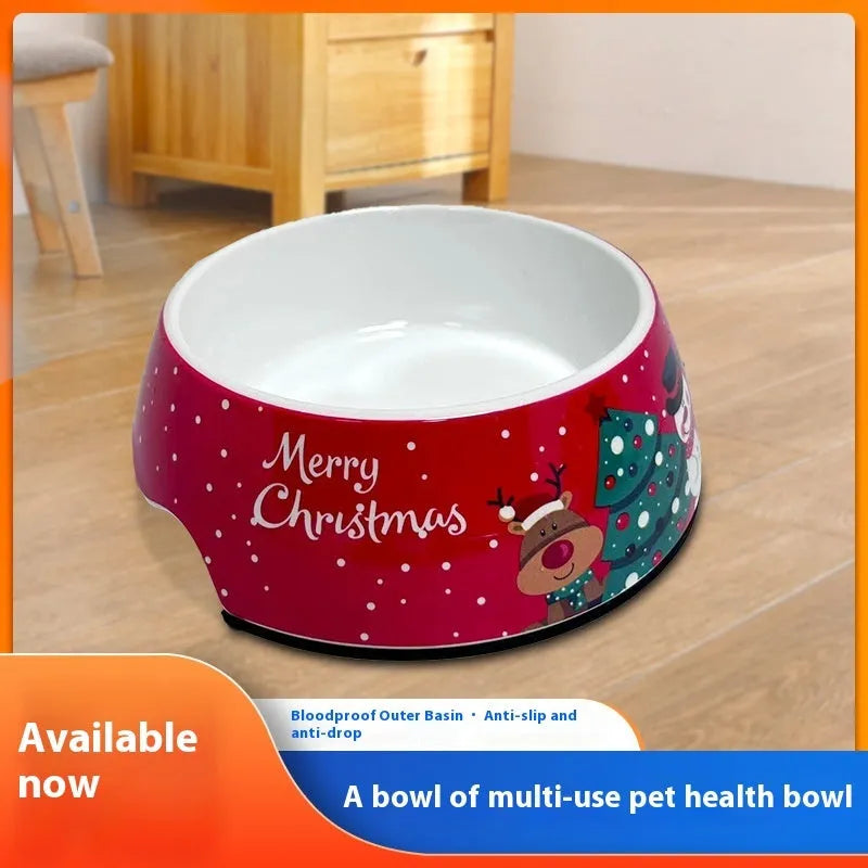 Red Christmas-themed stainless steel double-layer pet bowl for dogs and cats