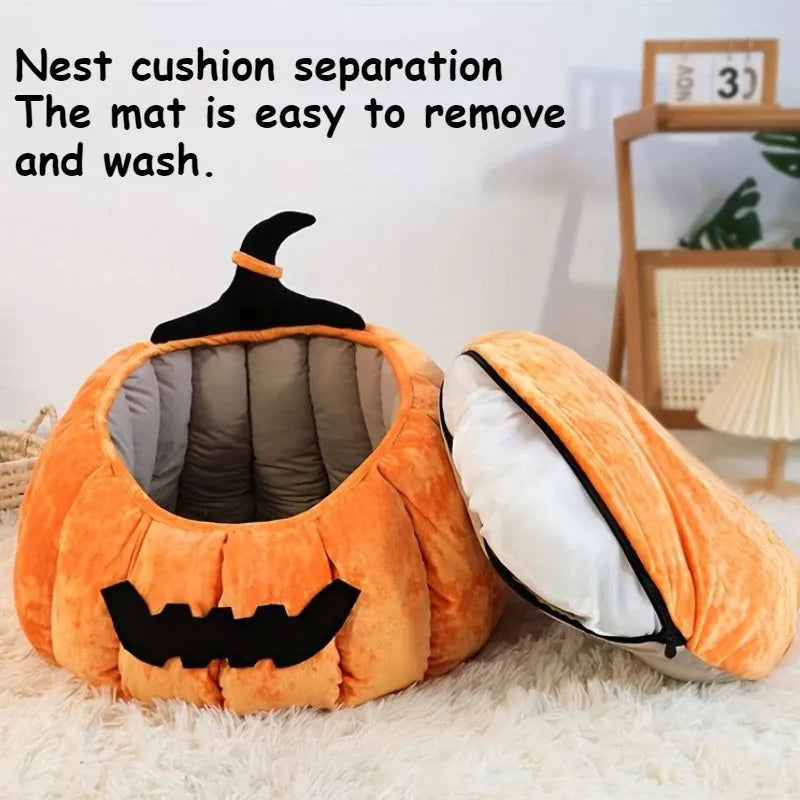 Halloween themed pumpkin cartoon devil design soft plush cat bed for cats and small dogs in black colour.