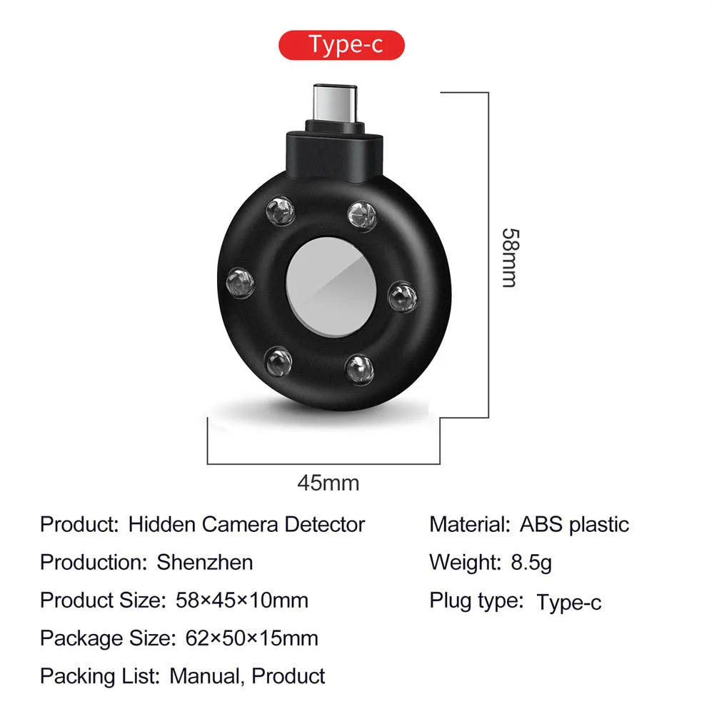 Anti-sneak camera detector wireless audio alarm in black plastic casing with Type-C port