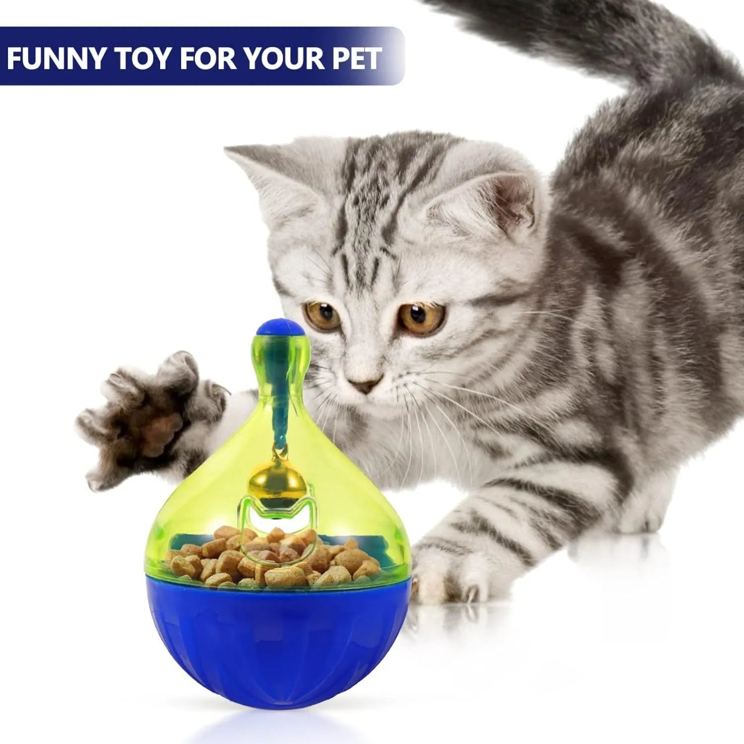 Blue and white durable plastic dog and cat treat dispenser puzzle ball toy.