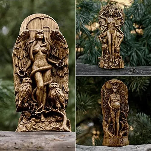A detailed synthetic resin statue of a Greek goddess, 22cm tall, shown in a garden setting.