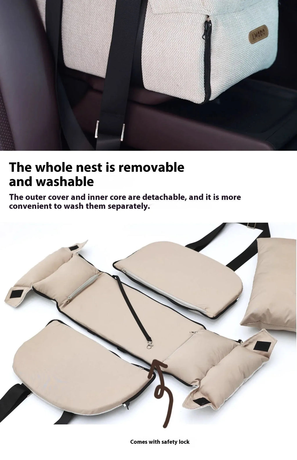 Beige white dual-use pet car nest and carrier for small pets up to 10 kg.